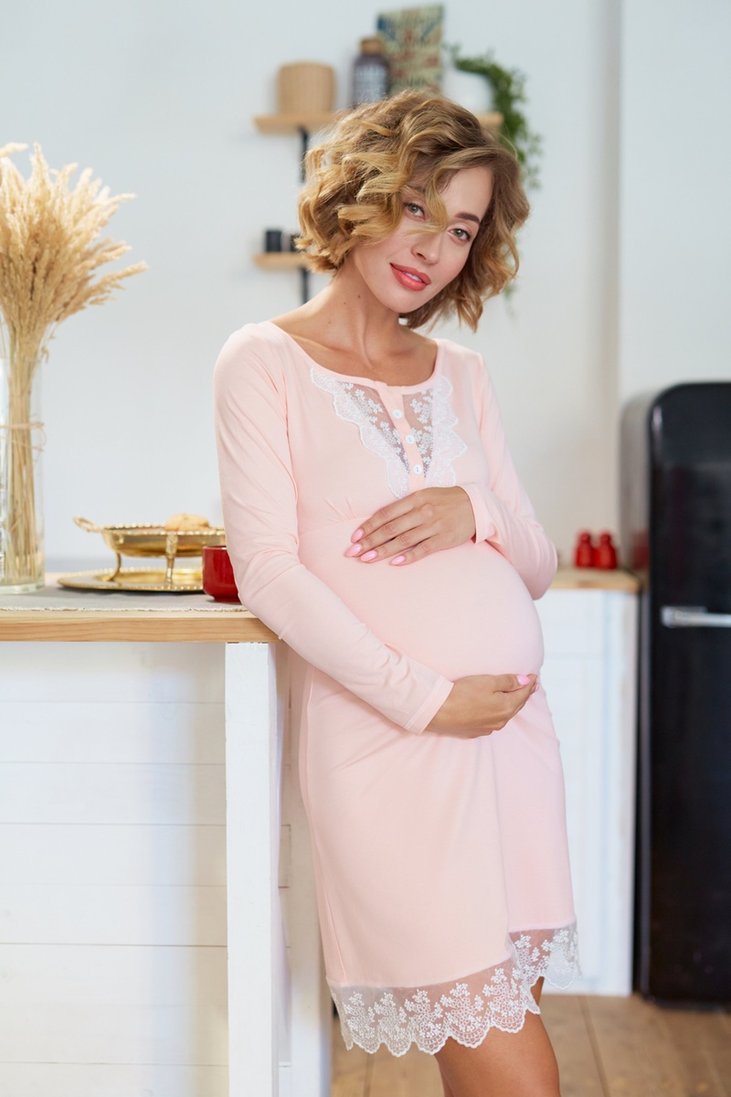 Ночнушки для годування Сорочка для вагітних з мереживом з довгим рукавом 100303, рожева, DISMA