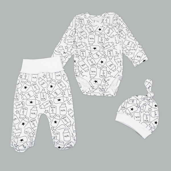 Повзунки Комплект для новонароджених 3 предмета (боді, повзунки, шапочка), біло-чорний, ТМ Фламінго