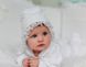 Чепчики, шапочки для новорождённых Шапочка на крестины для девочки, велюр, белая, коллекция ANDRE TAN, Tigres Фото №1