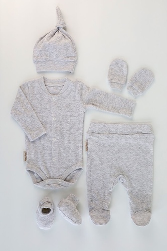 Боди с длинным рукавом Комплект для новорожденных Wind (боди, ползунки, шапочка, царапки, пинетки) серый меланж, MagBaby