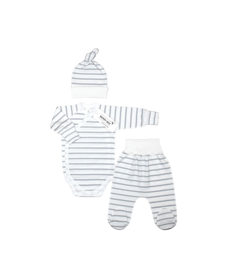 Комплекти Комплект для новонароджених ZEBRA 3 предмета (боді, повзунки, шапочка), білий в широку смужку, Merry Bee