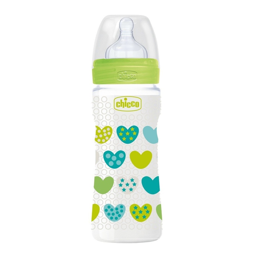 Бутылочки Бутылочка пластиковая Well-Being, 330 мл, соска силикон, 4m+, быстрый поток, желтая, Chicco