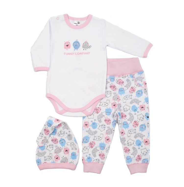 Комплекти Комплект для малюка Монстрики 3 предмета (боді, штанці, шапочка), рожевий, Merry Bee