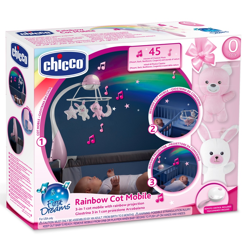 Мобили на кроватку Мобиль-проектор, на кроватку 3 в 1, розовый, Chicco "Радуга", Chicco