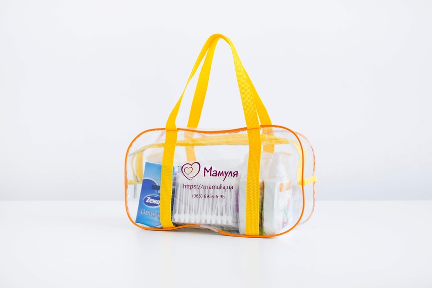 Удобные прозрачные сумки в роддом Прозрачная сумочка-косметичка в роддом для малыша, желтая, Mamapack.
