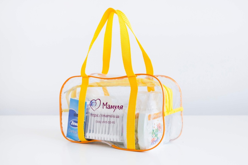 Зручні прозорі сумки в пологовий будинок Прозора сумочка - косметичка для малюка в пологовий будинок, жовта, Mamapack.