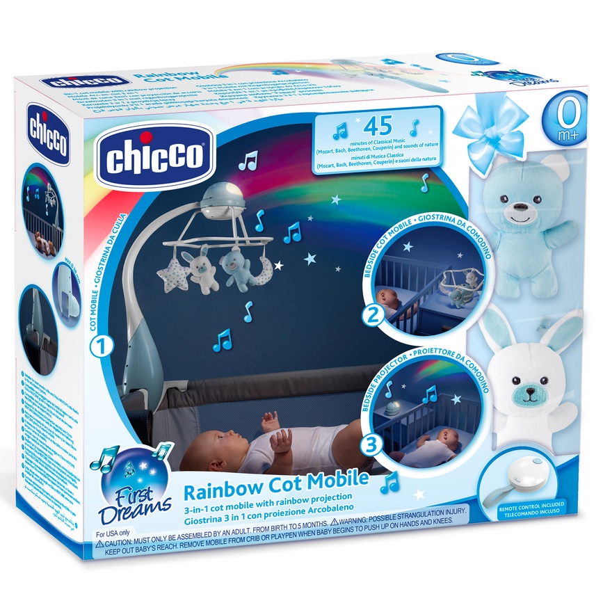 Мобили на кроватку Мобиль-проектор на кроватку 3 в 1, голубой, Chicco "Радуга", Chicco