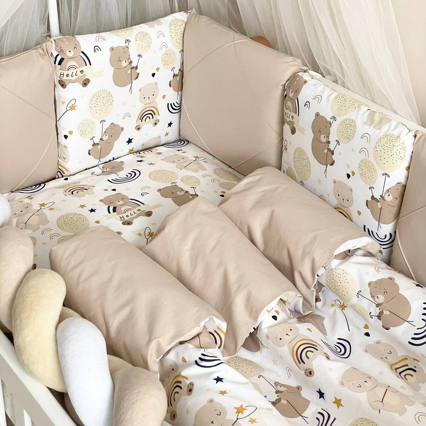 Постільна білизна Комплект постільної білизни в ліжечко Happy night Ведмедик з кульками, бежевий, 6 елементів, Маленька Соня