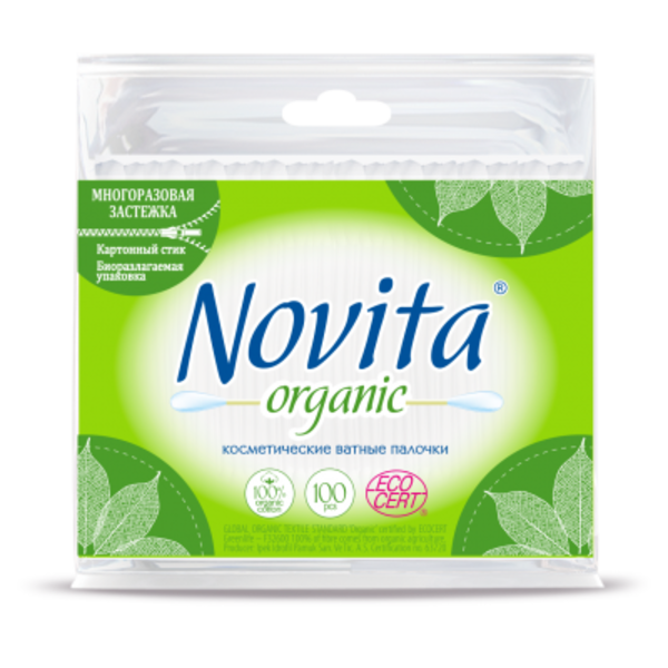 Ватные палочки Ватные органические палочки Organic, 100 шт (зип-лок), Novita