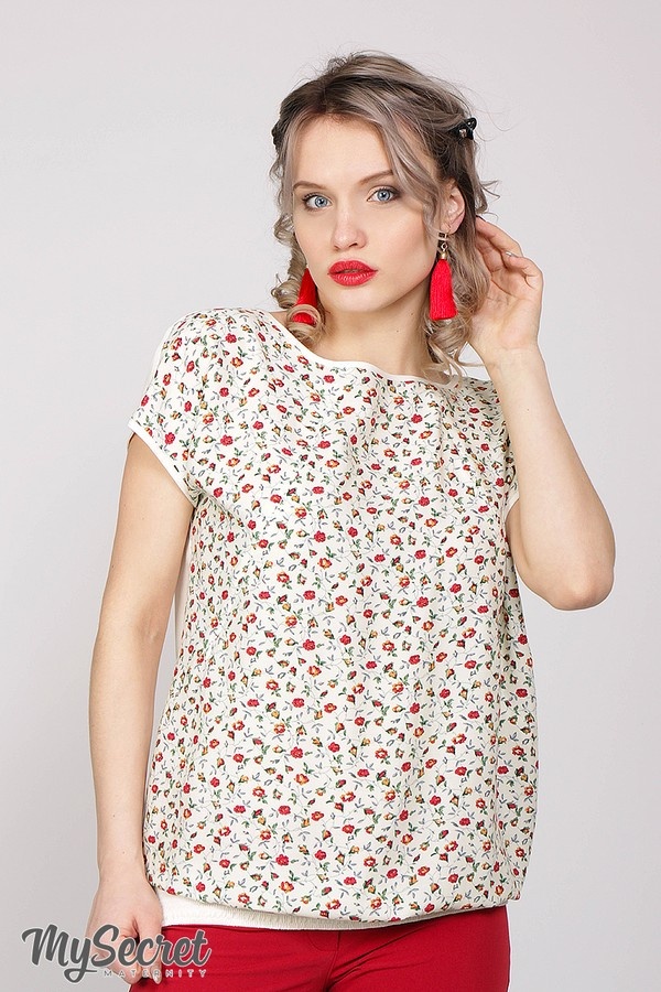 Блузы, рубашки Блузка для кормления в стиле oversize MIRRA, принт бордовые цветочки на экрю + однотонный экрю, Юла Мама