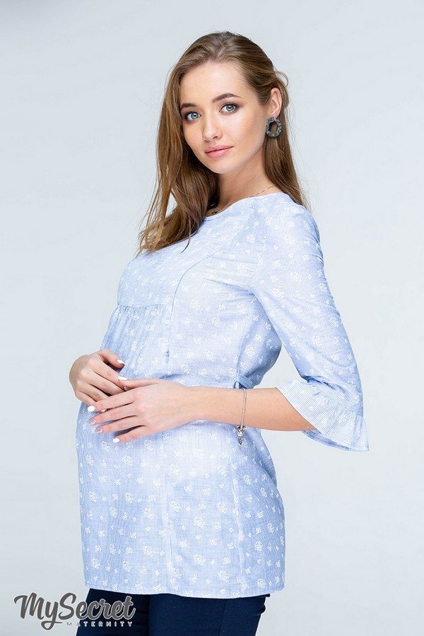 Туники Туника для беременных и кормящих ALISHA, бело-голубая полосочка с белыми цветочками, Юла мама