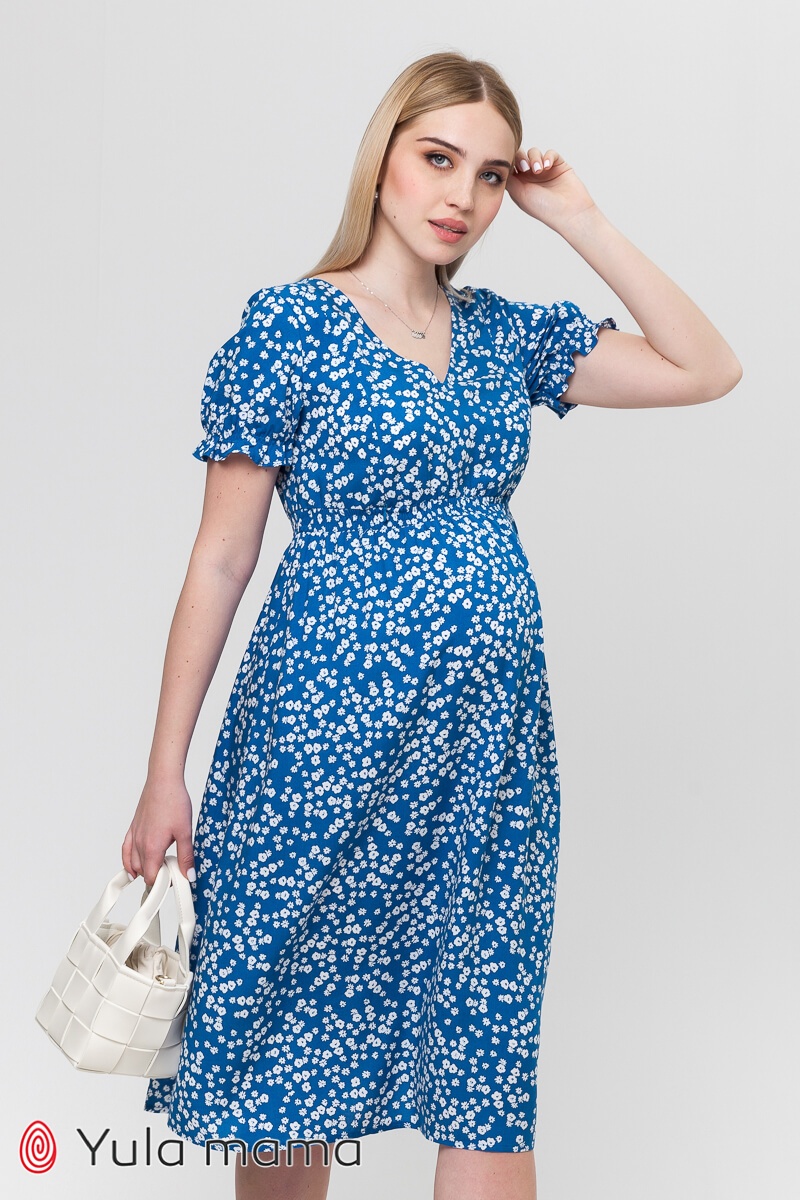 Платье для беременных и кормящих мам AUDREY белые цветочки на синем фоне, Юла мама, Синий, M