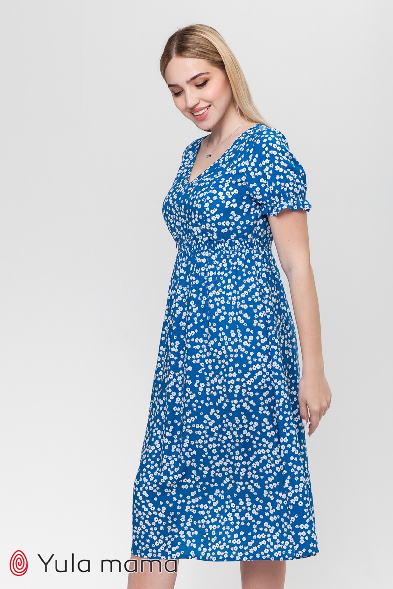Платье для беременных и кормящих мам AUDREY белые цветочки на синем фоне, Юла мама, Синий, M
