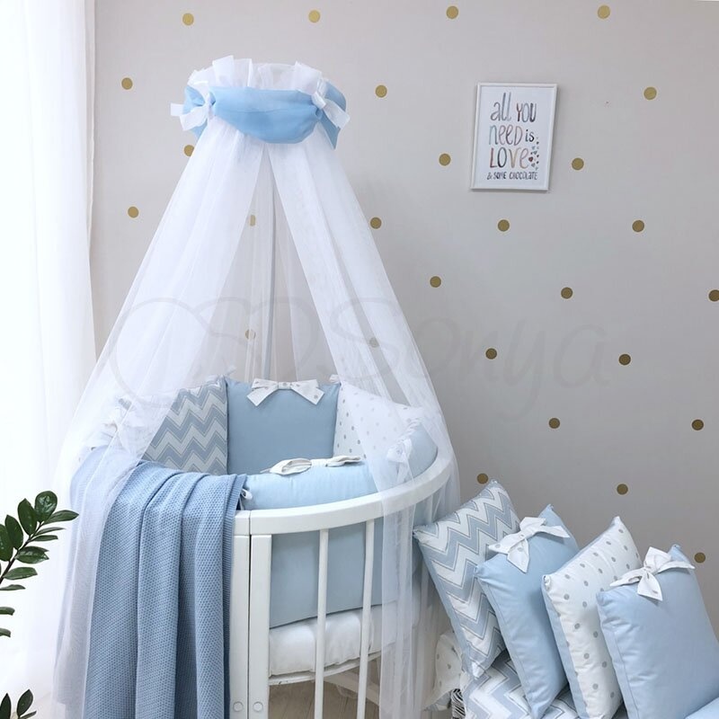 Постелька Комплект детского постельного белья Shine ЗигЗаг, в круглую кроватку, 6 элементов, голубой, Маленькая Соня