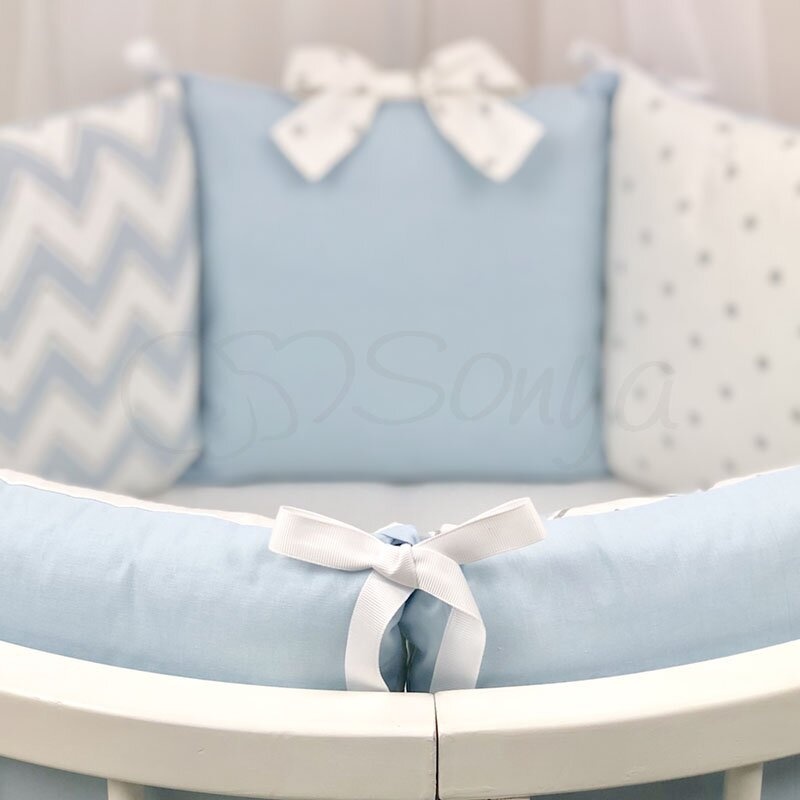 Постелька Комплект детского постельного белья Shine ЗигЗаг, в круглую кроватку, 6 элементов, голубой, Маленькая Соня
