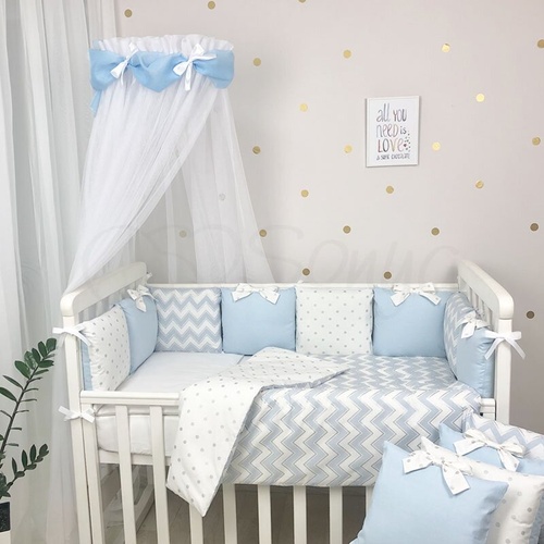 Постелька Комплект детского постельного белья Shine ЗигЗаг, в стандартную кроватку, 6 элементов, голубой, Маленькая Соня