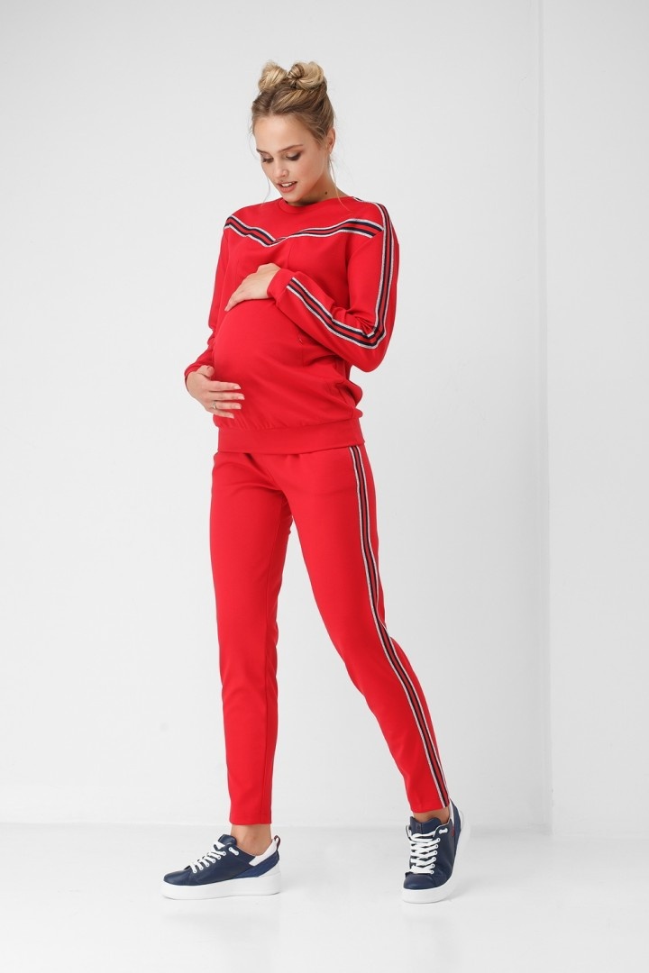 Брюки для беременных и кормящих мам Трикотажные брюки с низкой посадкой, красный трикотаж, ТМ Dianora