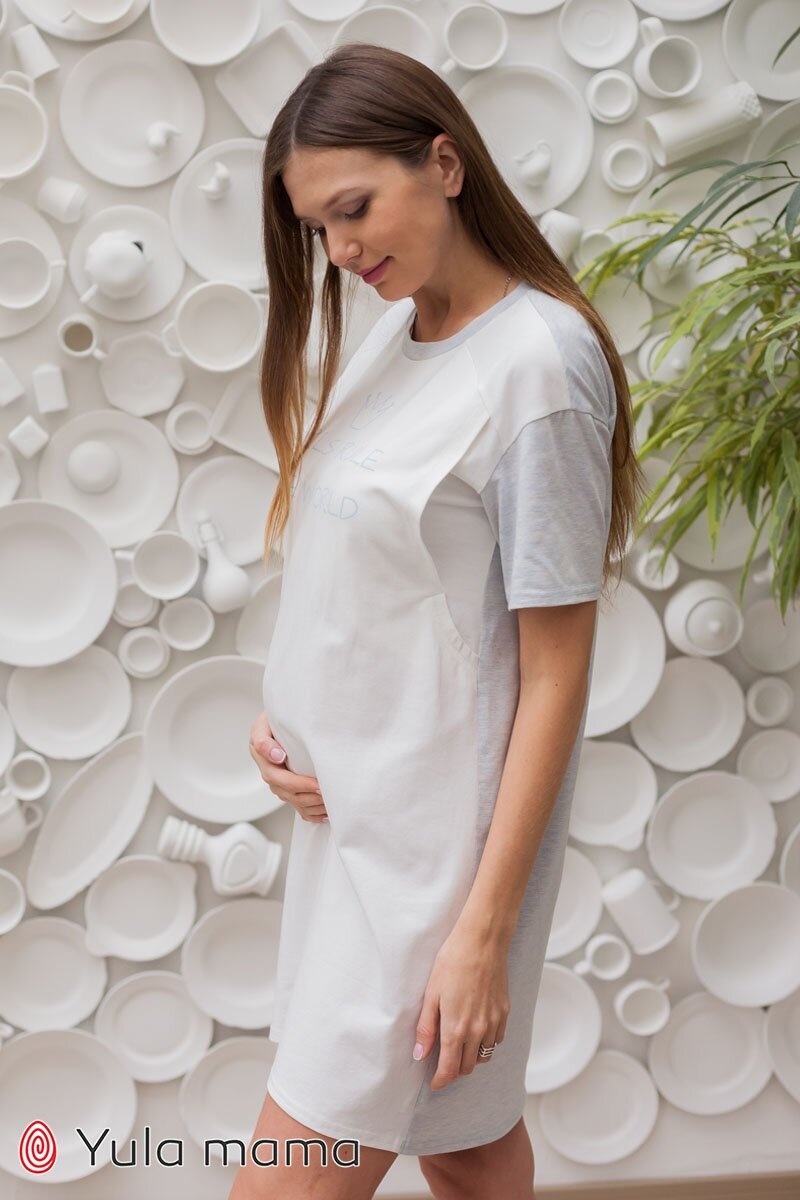 Ночнушки для годування Ночнушка-футболка для вагітних і годуючих мам YASMIN, блакитний меланж з молочним, Юла Мама