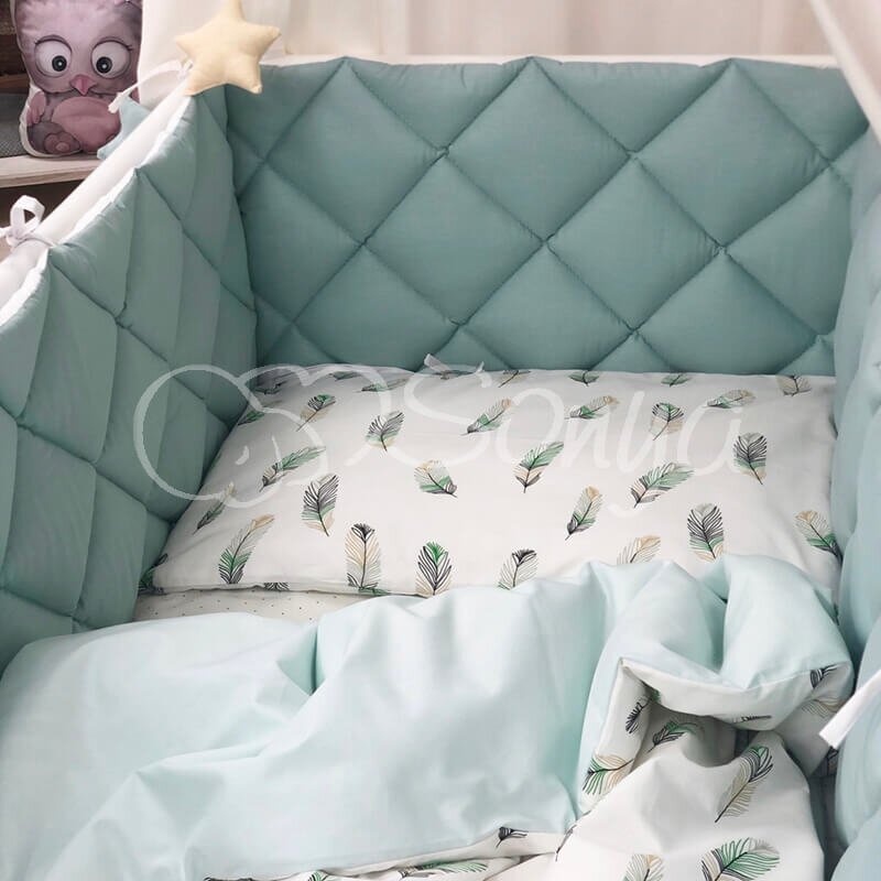 Постелька Комплект постельного белья в кроватку Baby Mix Перо мята, 6 элементов, Маленькая Соня