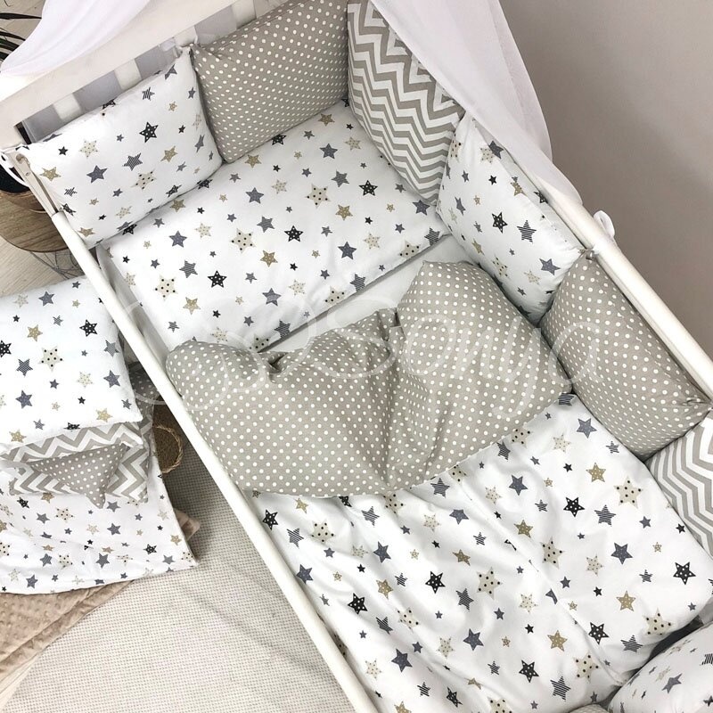 Постільна білизна Комплект дитячої постільної білизни Baby Design Stars в стандартне ліжечко, 6 елементів, сіро-бежевий, Маленькая Соня