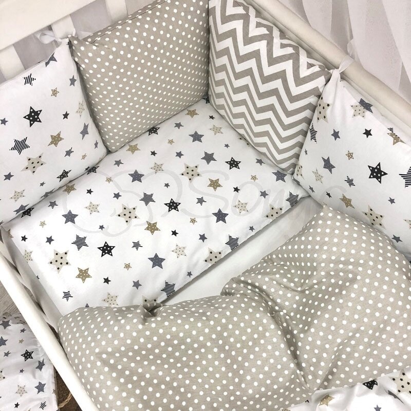 Постелька Комплект детского постельного белья Baby Design Stars в стандартную кроватку, 6 элементов, серо-бежевый, Маленькая Соня