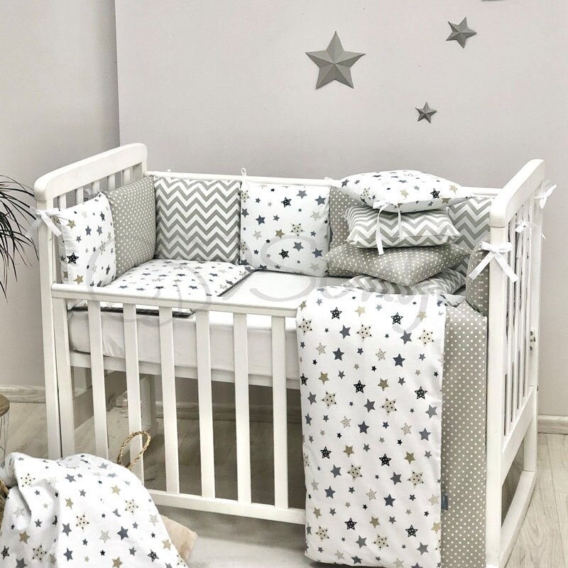 Постелька Комплект детского постельного белья Baby Design Stars в стандартную кроватку, 6 элементов, серо-бежевый, Маленькая Соня