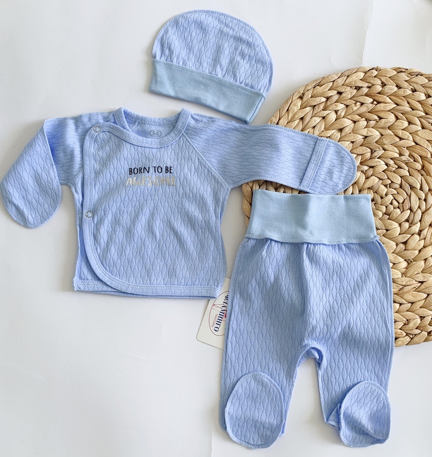 Комплекти Комплект для новонароджених 3 предмета (льоля, повзунки, шапочка), блакитний, ТМ Фламінго