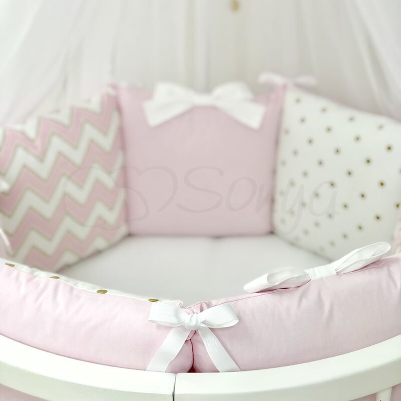 Постелька Комплект детского постельного белья Shine ЗигЗаг, в круглую кроватку, 6 элементов, розовый, Маленькая Соня