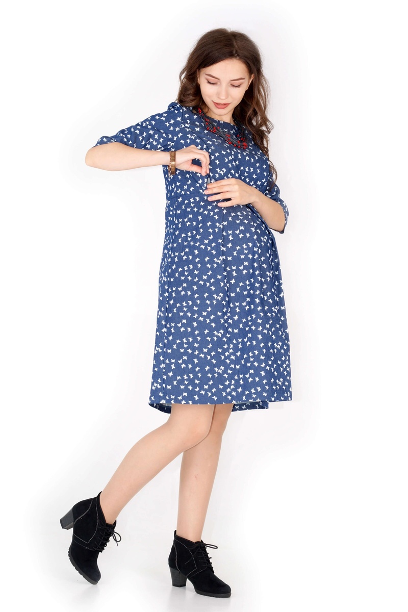 Платье для беременных и кормящих мам На крильях, бабочки, синее, Nowa Ty, Синий, S