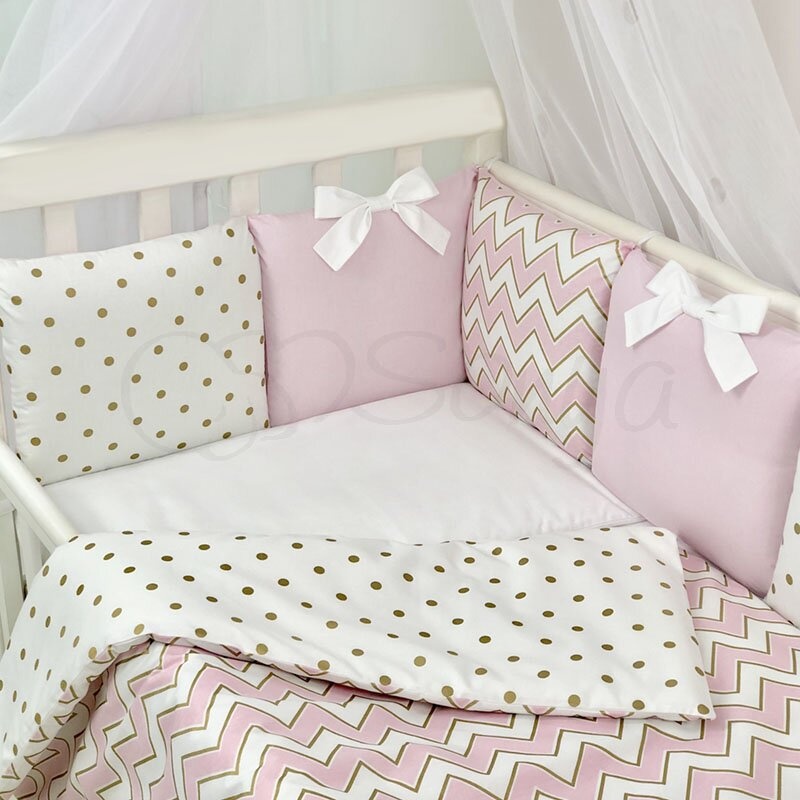Постелька Комплект детского постельного белья Shine ЗигЗаг, в стандартную кроватку, 6 элементов, розовый, Маленькая Соня