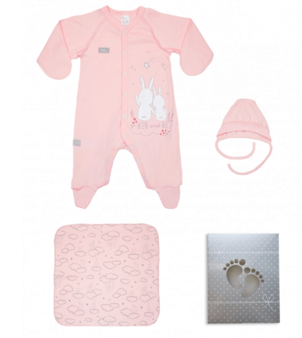 Комплекти на виписку Комплект для новонародженого подарунковий в коробці 3 предмета чоловічок, чепчик, хустинка, рожевий, Smil