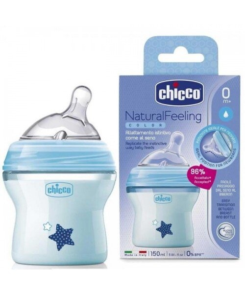 Бутылочки Бутылочка для кормления пластиковая Natural Feeling c силиконовой соской 0+ нормальный поток 150 мл, голубая, Chicco