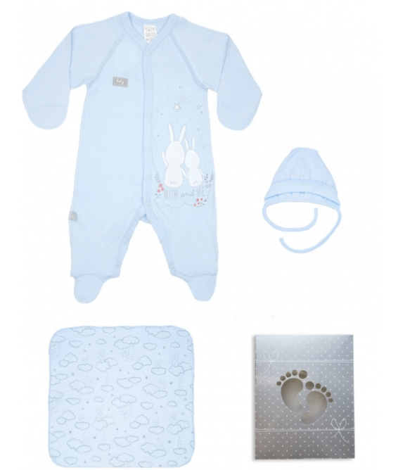 Комплекти на виписку Комплект для новонародженого подарунковий в коробці 3 предмета чоловічок, чепчик, хустинка, блакитний, Smil