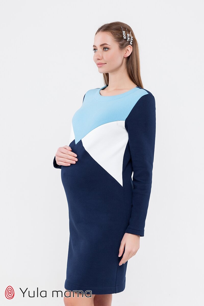 Теплое платье для беременных и кормящих DENISE WARM, Юла мама, Синий, S