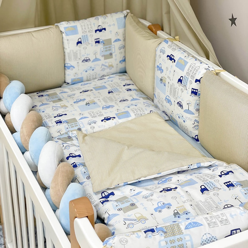 Постелька Комплект постельного белья в кроватку Happy night City, 6 элементов, голубой, Маленькая Соня