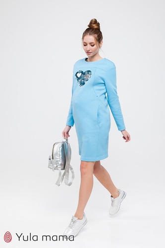 Теплое платье для беременных и кормящих с аппликацией MILANO, Юла мама, Голубой, S