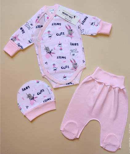 Комплекты Комплект для новорожденных Зайчики 3 предмета (боди, ползунки, шапочка), розовый, Merry Bee