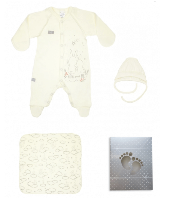 Комплекты на выписку Комплект для новорожденного подарочный в коробке 3 предмета человечек, чепчик, платочек, кремовый, Smil