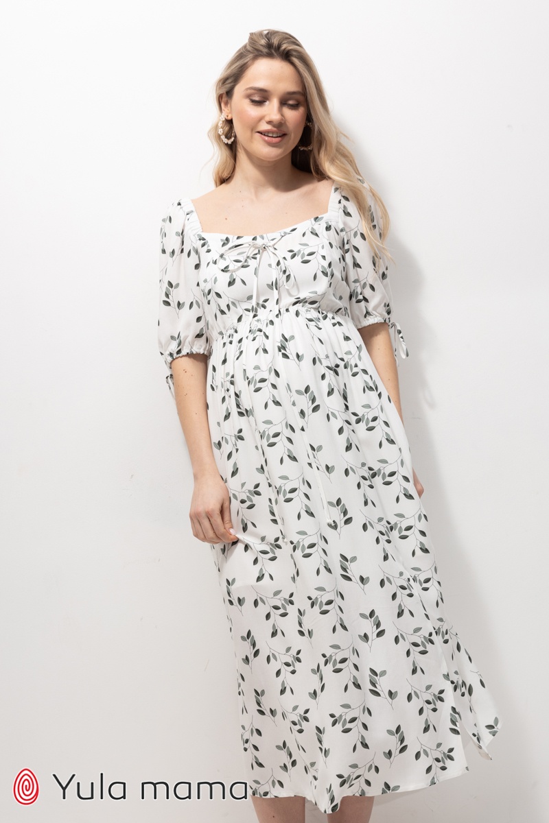 Платье для беременных и кормящих мам BRIELLA, зеленые листья на молочном фоне, Юла мама, Молочный, S