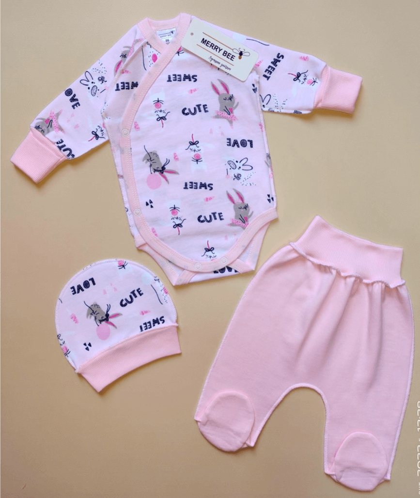 Комплекти Комплект для новонароджених Зайчики 3 предмета (боді, повзунки, шапочка), рожевий, Merry Bee