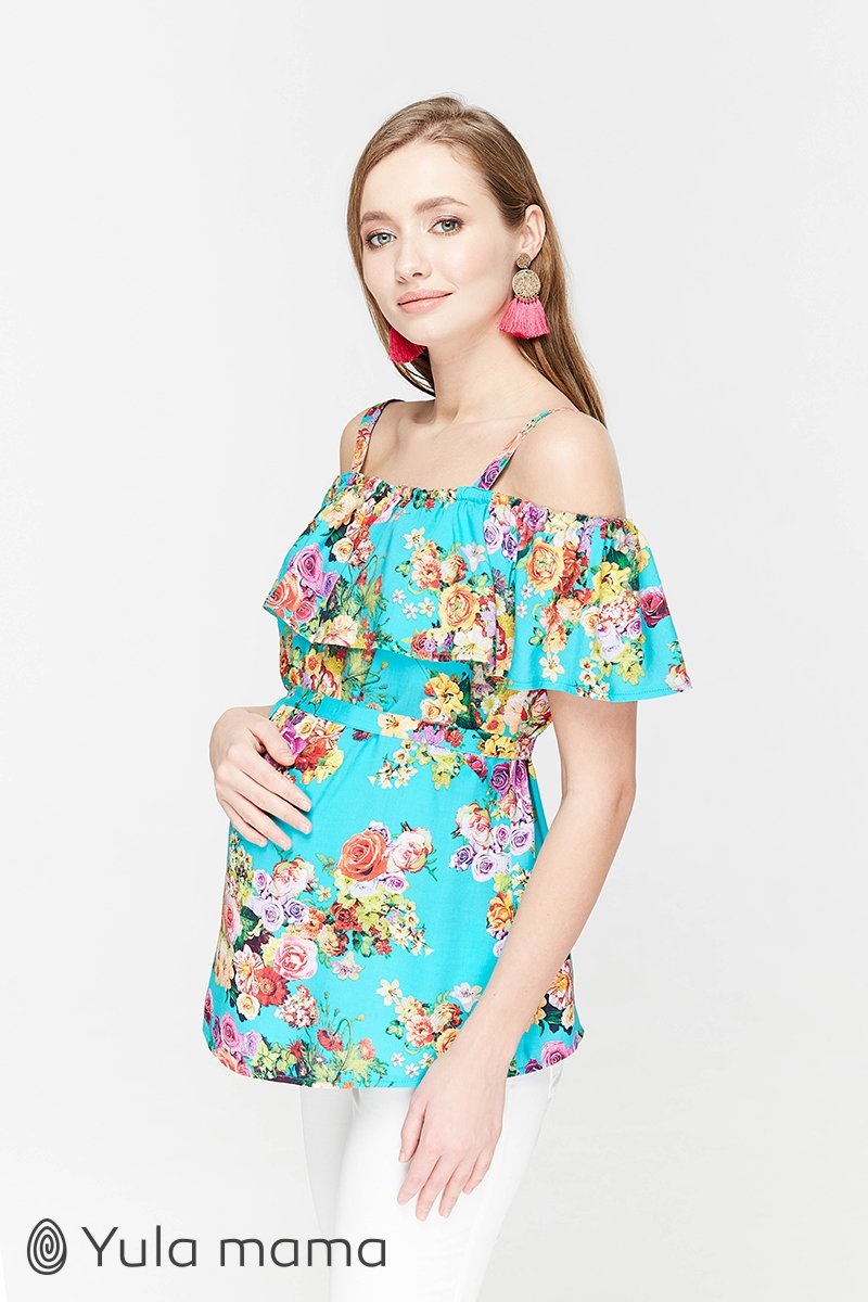 Блузи, сорочки Блузка для кормления BRENDA, принт цветы на аквамарине, ТМ Юла мама