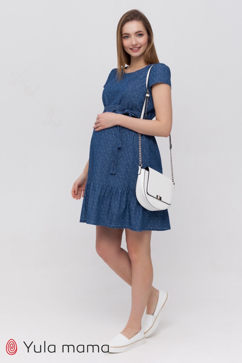 Платье для беременных и кормящих мам SHELBY джинсово-синяя с принтом якорьки, Юла мама, Темно синий, L