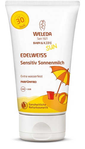 Органічна косметика для малюка Едельвейс сонцезахисне молочко для чутливої шкіри SPF 30, 150мл, Weleda