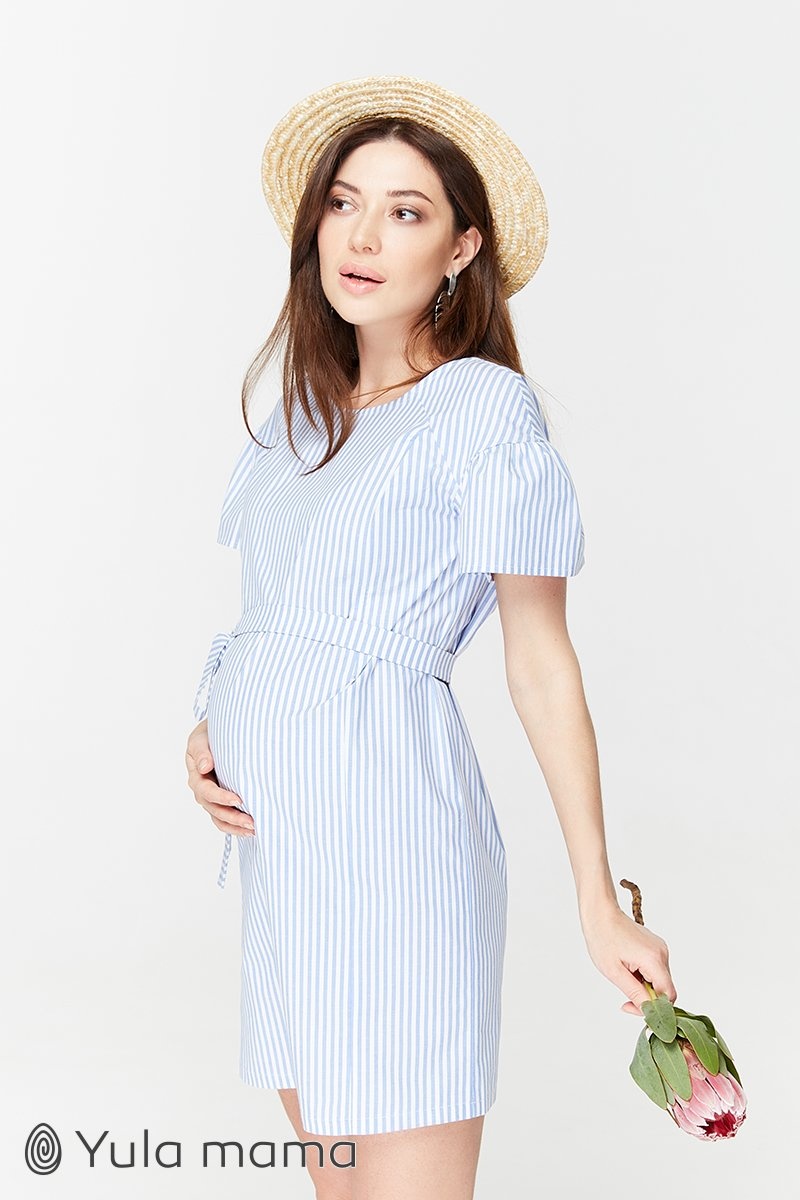 Платье для беременных и кормящих KAMILLA, бело-голубая широкая полоска, Юла мама