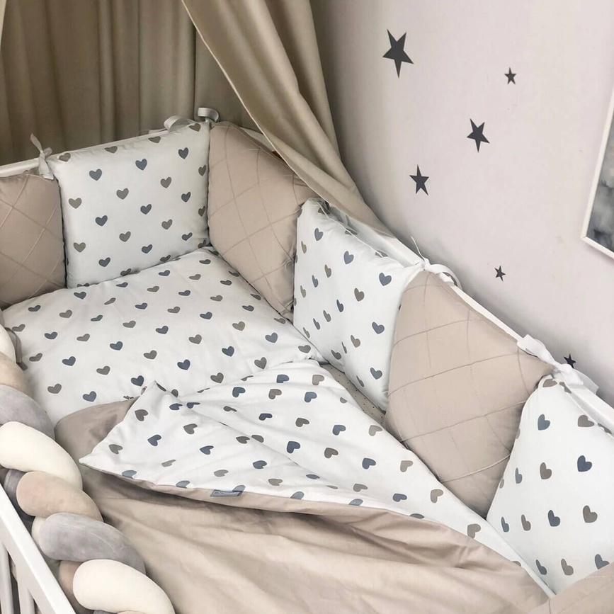 Постелька Комплект постельного белья в кроватку Happy night Сердца, 6 элементов, серо-бежевые, Маленькая Соня