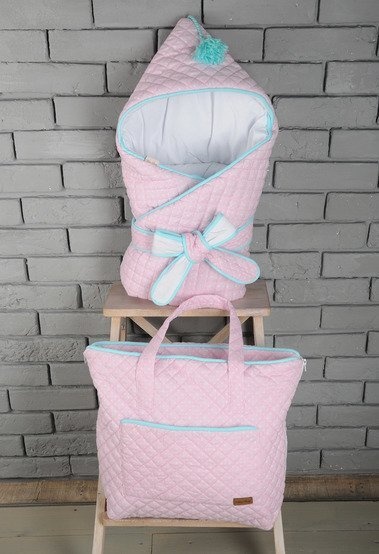 Конверт-одеяло для новорожденных cтеганый джинсовый на трикотаже, розово-бирюзовый, MagBaby