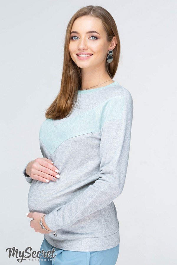 Свитшоты, худи Свитшот для беременных и кормящих ORLA LIGH, сочетание серого с мятным, Юла мама