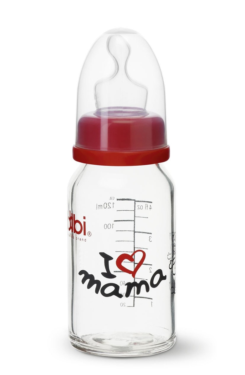Бутылочки Бутылочка Премиум из супер прочного стекла 120 мл. с соской форма Дентал, серия Мама/Папа, ТМ bibi