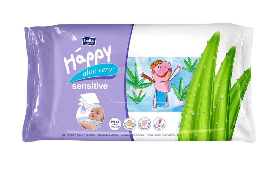 Детские влажные салфетки Влажные салфетки Happy Sensitive, 56шт, Bella