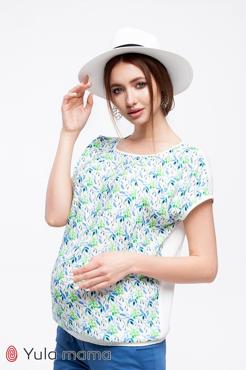 Блузы, рубашки Блузка оверсайз для беременных и кормящих мам MIRRA, молочный с cине-зелеными веточками, Юла мама